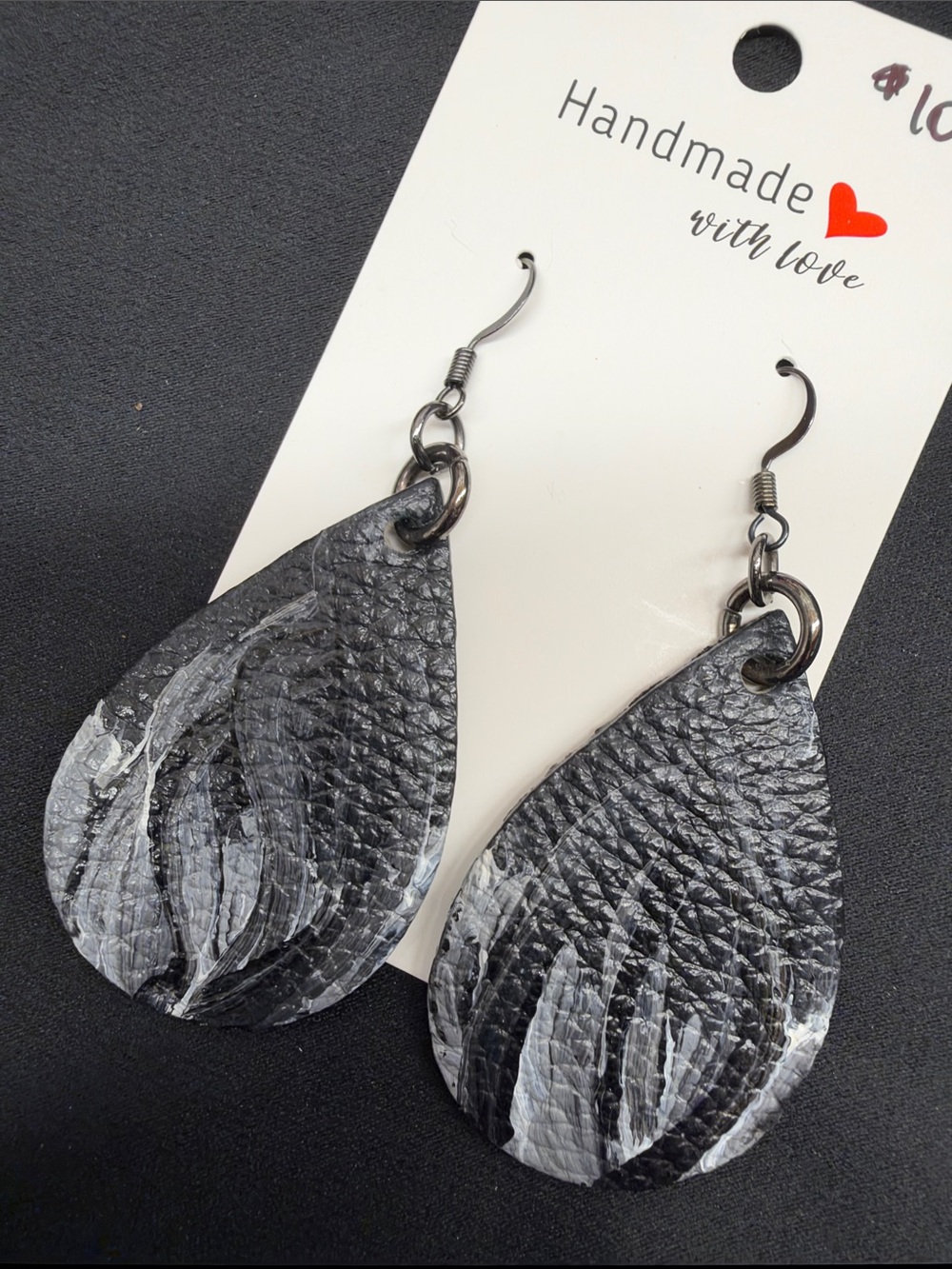 Handmade Painted Black & White Teardrop Leather Earrings